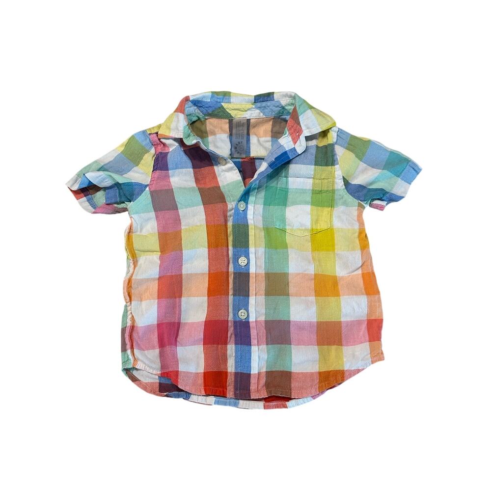 Toddler Rainbow Plaid Button Up Shirt Primary Short Sleeve Pocket Top Size 3